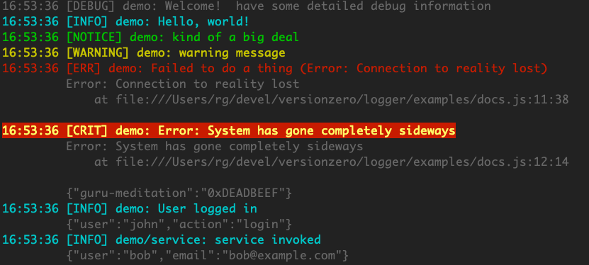 Dark console output example logger console output snapshot